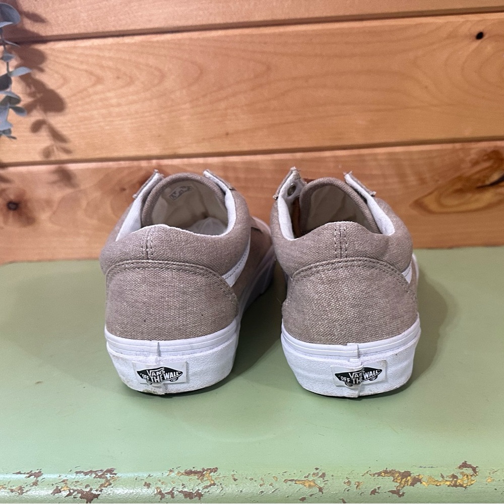 Old School Vans Women's Sz 10 Men’s Sz 8.5 Beige Canvas Leather Laced Sneakers - Picture 3 of 9